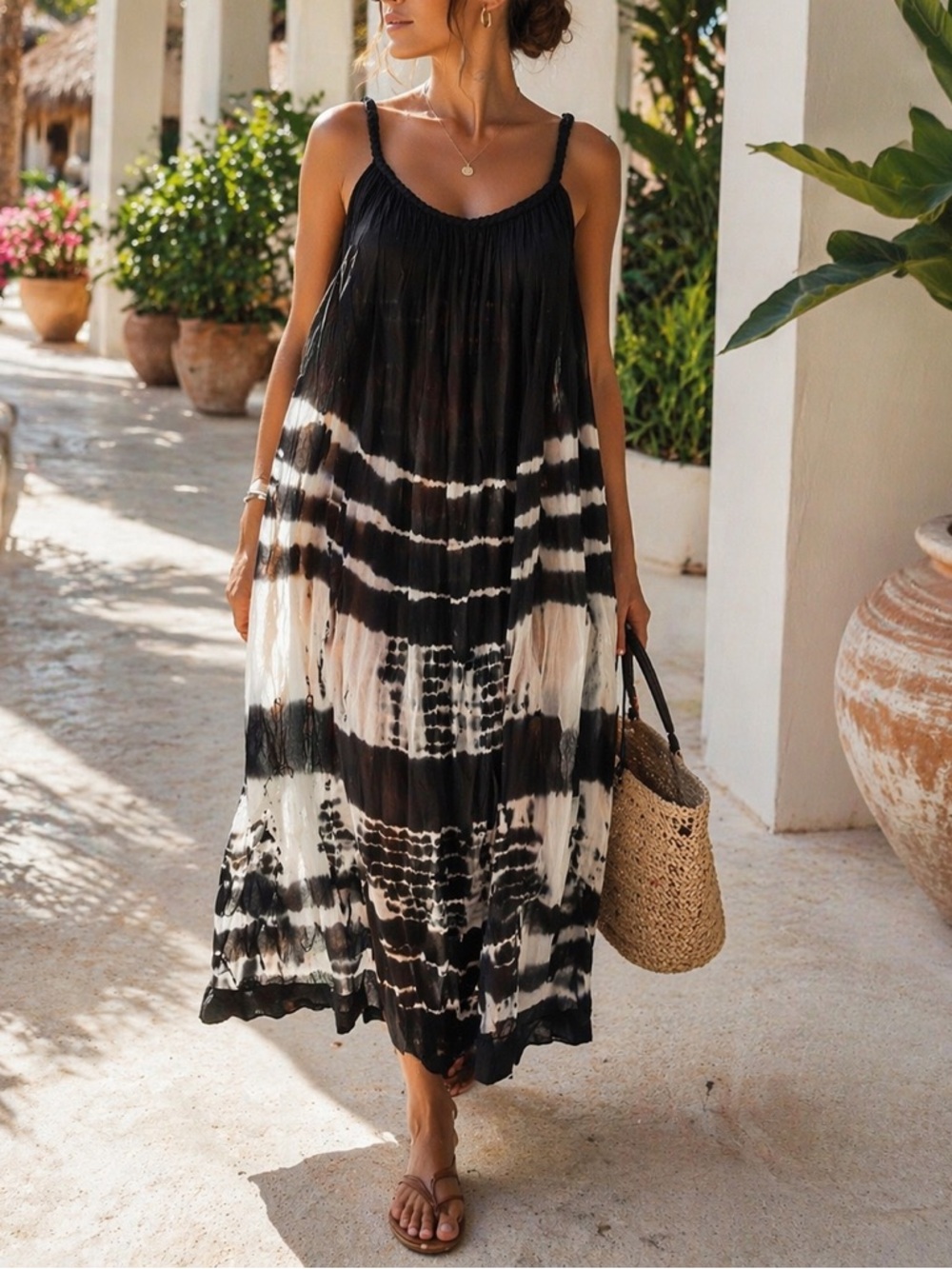 Tie-Dye Resort Maxi Dress Cover-Up One Size/Size Large Black & White Boho Beach